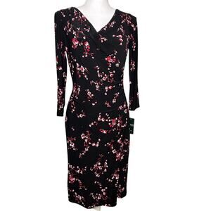 Lauren Ralph Lauren NWT women's black floral faux wrap ruched jersey dress 4
